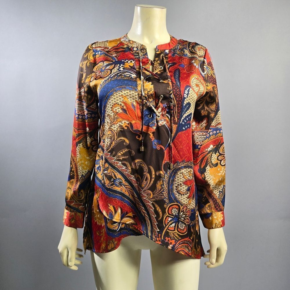 Chico's Smakl Black and Orange Graphic Long Sleeve Blouse R4